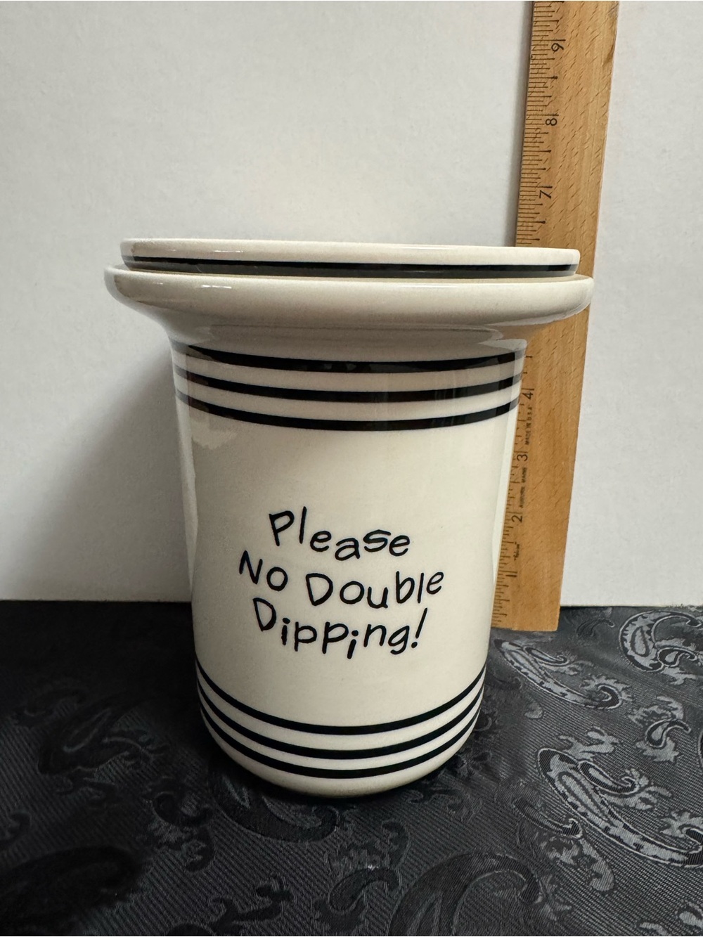 Ceramic Dip Pot with 'Please No Double Dipping' - White with Black Stripes